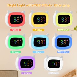 Seutgjie Cute Alarm Clock with Night Light for Kids Teens Girls Boys Toddler Bedrooms Bedside RGB 8 Color Changing 18 Ringtones Dual Alarms Snooze Modes 12/24 Hour Energy-Saving Mode White