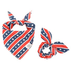 E-Clover 4th of July Dog Bandanas & Matching Scrunchie Set American Flag Dog Scarf for Medium Large Dogs Patriotic Pet Bandana Kerchief Bibs Owner Mom Matching Gifts
