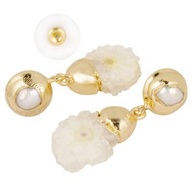TUMBEELLUWA Druzy Dangle Earrings Freshwater Pearl Stud Gold Plated Drop Earring Stone Jewelry for Women,Light Yellow