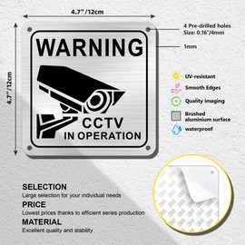 TAKULA CCTV Operation Sign - 4.7" x 4.7" Brushed Aluminium, Pre-drilled, Outdoor Security Camera Warning Sign