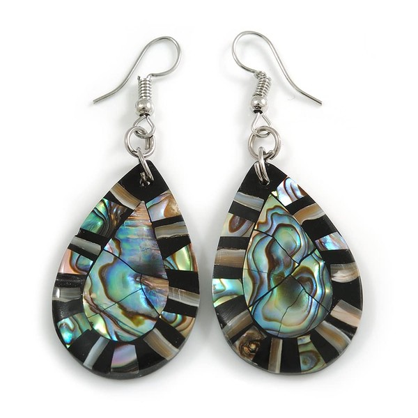 60mm L/Brown/Black/Abalone Colours Teardrop Shape Sea Shell Earrings/Handmade/Slight Variation In