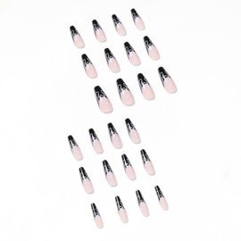 DANMANR Long Press on Nails Square French Fake Nails Full Cover Nude Acrylic False Nails for Women and Girls 24PCS (Black Coffin)