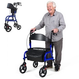 4 Wheel Rollator Walker with Seat for Seniors, Steel Foldable Rolling Walker, 300 lb, 8"/10"Wheels, Height and Handles Adjustable, Walker for Mobility Impaired, Blue