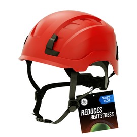 GE Safety Helmet, Impact Absorbing Tech, Adjustable Ratchet, ANSI Type 1, Memory Foam Padding, Hard Hats Protection, Lightweight, Durable, Chin Strap - Red, Class G & E, Non-Vented, OSHA Approved