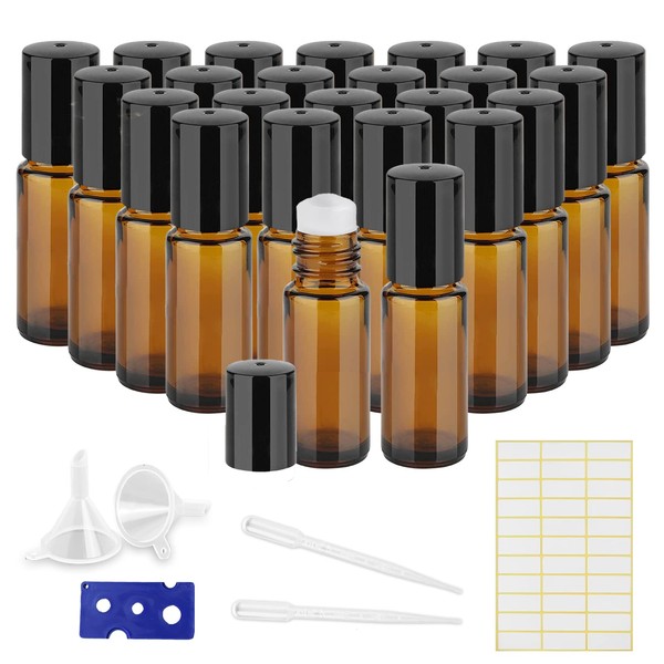 TUAKIMCE 24 x 5 ml empty glass roll-on bottles with roller, brown amber roll-on glass bottles