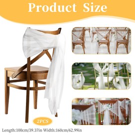 Pack of 2 Chair Bows Organza Chair Ribbon, 160 x 100 cm, Tulle Chair Cover, White Chair Sash, Chair Covers, Chiffon Chair Sashes, White Tulle Fabric Decoration for Chair, for DIY Crafts, Wedding Party