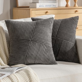 DecorMommt Cushion Covers, 50 x 50 cm, Grey Decorative Cushion Cover, Corduroy, Soft Cushion Cover, Striped Cushion Cover, Washable Cushion Cover, Set of 2 Cushion Covers for Living Room, Bedroom,