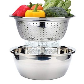 Stainless Steel Colander and Bowl Set, Kitchen Strainer, Pasta Strainer, Rice, Washing Bowl, Salad Strainer, Mixing Bowl Set, Stackable Stainless Steel Bowl Set, Diameter 26 cm