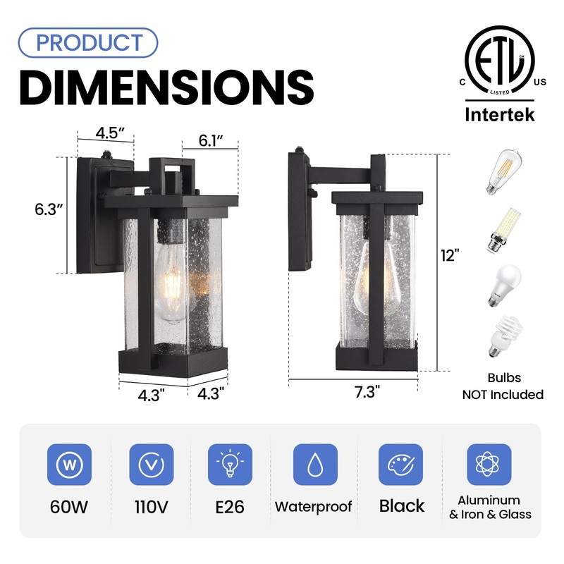Outdoor Wall Lights, Black Exterior Lighting Fixtures, Waterproof Outdoor Wall