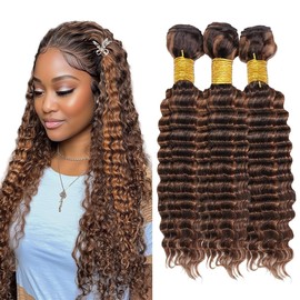 Dokksiiia Highlight Piano Color Human Hair Bundles P430 Deep Wave Chocolate Brown and Brown Human Hairs Bundles Double Weft Brazilian Hair Extensions 24 26 28 Inch for Black Women