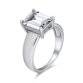 Personalize Timeless Classic Art Deco Style 3CT AAA CZ Solitaire Rectangle Radiant Emerald Cut Engagement Ring For Women .925 Sterling Silver Plain Wide Band Customizable