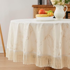 Warm Home Designs Beige Velvet Tablecloth. 90 Inch Round Tablecloth. Round Beige Tablecloth from Printed Foil Velvet Fabric. Fringed Tablecloth is Great As Holiday Tablecloth. ITC Beige 90 Round