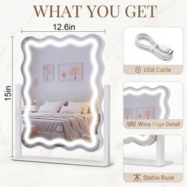 Gerrii Scalloped Vanity Mirror with 3 Color Dimmable,15" x 12.6" LED Lighted Makeup Mirror Smart Touch Screen, Wave Makeup Mirrors 360°Rotation Tabletop for Bedroom Bathroom