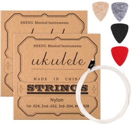 2 Sets of Nylon Ukulele Strings with 4 Felt Picks, Strings are White, Picks are Yellow, Gray, Black, Red