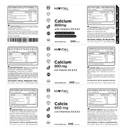 Calcium 800 mg with Vitamin D3 and K2, 240 Tablets for 4 Months, Organic Calcium Carbonate with Vitamins K2 MK7 and D3 to Improve the Health of Bones, Joints, Skin, Hair and Nails