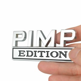2 Pack 3D Metal Pimp Edition Emblem Car Side Rear Front Hood Trunk Door Bumper Badge Decal Sticker Replacement for Universal Truck SUV Pickup Scooter （Silver Black）