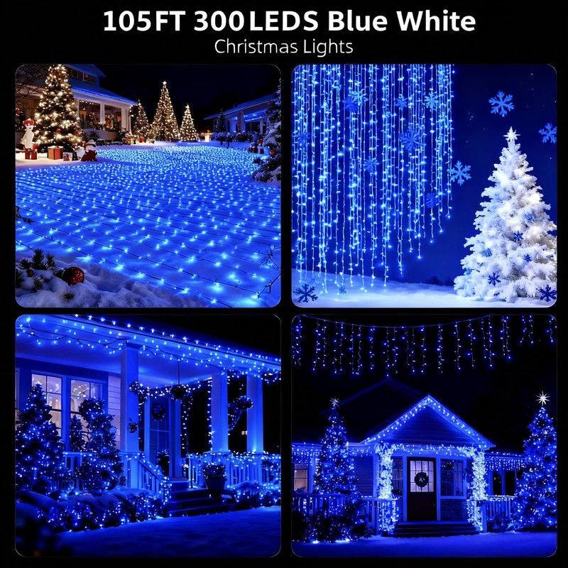 MZD8391 105FT 300 LEDs Blue White Christmas Lights Outdoor Indoor,