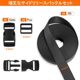 Samcos Side Release Buckles, PP Belt, Belt Feing, 10 Set, 1 Set, 9.0 x 32.8 ft (25 mm x 10 m), One-touch Buckle, Suitcase Belt, Load Crushing Prevention, Belt with One-Touch Lock Plastic Lock, Pack of 10, Load Tightening Belt, Work Belt, Adjustable (Blac