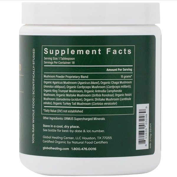 Global Healing Organic Mushroom Powder Supplement Blend 9.5 Ounces - Cordyceps, Chaga, Reishi, Turkey Tail Mushroom for Immune and Gut Health - Nootropic Focus Supplement Superfood