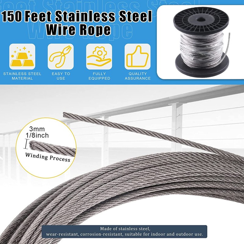 Glarks 72Pcs 1/8" 150ft Stainless Steel Wire Rope Cable Set