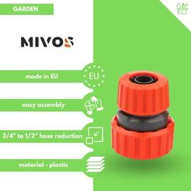 Mivos Hose Coupling 1/2 Inch to 3/4 Inch - Hose Reducer - Garden Hose Repair - Connector 1/2 Inch (13 mm) by 3/4 Inch (19 mm) - Made in the EU