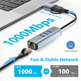 Aplimln USB C to Ethernet Adapter, USB 3.0 to RJ45 1000 Mbps LAN Network Adapter with 3 x USB 3.0 Ports, LAN Ethernet Adapter Compatible with Windows XP, Mac OS, Linux, Vista, etc
