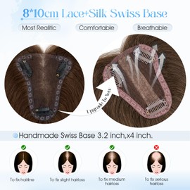 Real Human Hair Toppers,S-noilite Natural Brown Remy Hair Topper for Women with Thinning Hair 3.2x4 inch Lace Silk Base Toppers Hair Piece to Cover Grey Hair (10 Inch,Natural Brown)