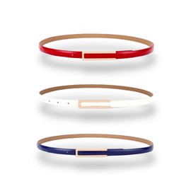 Women's Belt Fashion Elegant Dress Skinny Patent Leather Belts Waistband Thin Waist Belt Alloy Gold Buckle, 3-Pack, Red, Dark-Blue & Off-White, For Waist 28"- 34", Women Size S-M, 4-6