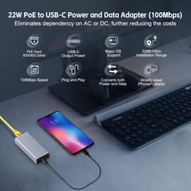 Binardat PoE Network Adaptor, IEEE802.3af/at PoE to Type-C Converter, Output USB C 5V/3A or 9V/2.22A Auto-Adaptive with Ethernet, 10/100Mbps, Wired Network and PD Charging for Smart Phone/Tablet