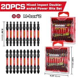 Geinxurn 2.56 in. Impact Double End Screwdriver Bit Set(PH2/T20/T25),20Pieces Mixed Reversible Power Driver Bits, Magnetic S2 Steel Two Sides Screwdriver Bit Tips Set with Storage M-Box