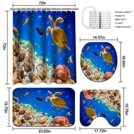 Lnond 4Pcs Turtle Shower Curtain Sets with Rugs, Ocean Coral Bathroom Sets with Shower Curtain and Rugs and Accessories