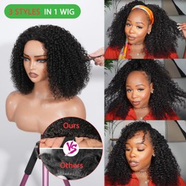 ZIYU Half Wig Human Hair - 180% Density Curly Half Wig 3 In 1 Wear Go Glueless Wigs 16 Inch Drawstring Seamless Kinky Curly Flip Over Headband Wig Human Hair Beginner Friendly