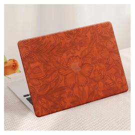 DTangLsm Compatible with MacBook Air 13 inch Case 2022 2021-2018 Release M1 A2337 A2179 A1932 Touch ID, Elegant Leather Hard Shell Cover Embossed Floral Case & Keyboard Cover for Women, Saddle Brown