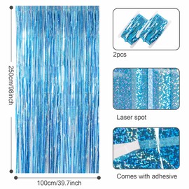 2pcs 3.2 x 8.3ft Glitter Baby Blue Tinsel Curtain Foil Fringe Curtain Backdrop Party Streamers Curtain Photo Backdrop Decorations for Birthday School Graduation Boys Party Decorations Blue