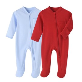 BINIDUCKLING Unisex Infant 2-Pack Zip-Up Baby Onesies Cozy Footed Newborn Bodysuits Baby Clothes Solid Color Cotton Rompers, Red+LBlue 12 Months