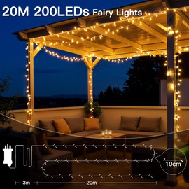 Hopexy Fairy Lights Plug in, 20m 200 LEDs Fairy Lights Mains Powered with Timer, Waterproof Warm White String Lights with Remote/8 Modes/Indoor Outdoor for Bedroom Patio Party Tree Decorations