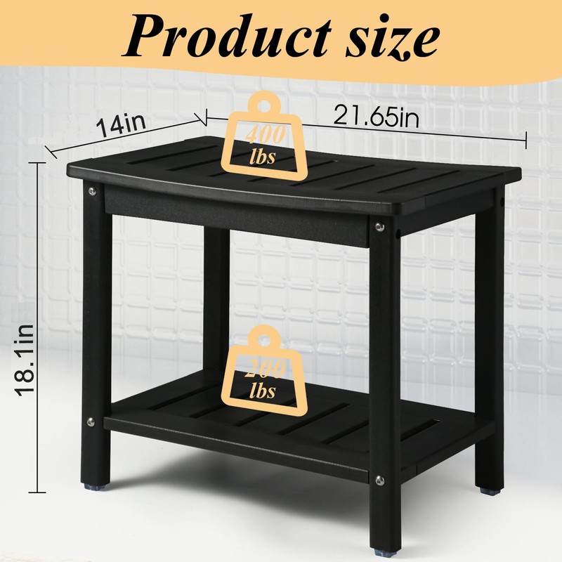 Apolimi HDPE Shower Bench, Shower Stool with Storage Shelf 2-Tier