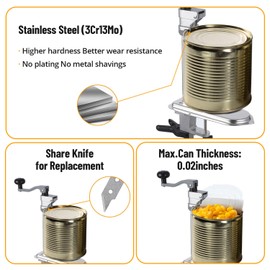 Manual Table Can Opener, Opener for Cans Up to 15.7”/40cm, Heavy Duty Commercial Countertop Can Opener with 3 Spare Blades, with Stainless Steel Blade and Plated Steel Base, Aluminum