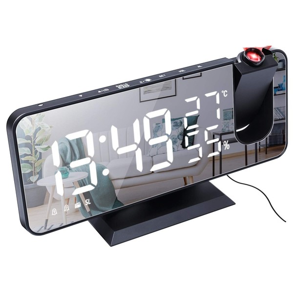 ND Projection Digital Alarm Clock with FM Radio,180° Projector,7'' LED Mirror Screen Big Digit,Auto Dimmer With USB Phone Charger,Dual Alarms Snooze,Small Desk Alarm Clock For Bedroom,Kids (Black)