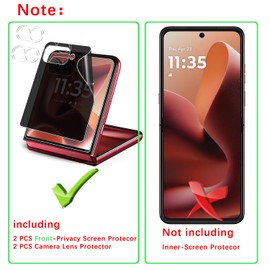 MOOISVS For Motorola Razr 60/Moto Razr 2025 Privacy Screen Protector[Not Glass](2packs)+Tempered Glass Camera Lens Protector(2packs),Flexible TPU Film, Anti-Spy Outside Screen Protector