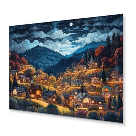 DesignQ Blue Traditional Metal wall art, Landscape Mountains Metal wall art, Cozy Alpine Village During Autumn I, Mountains Metal wall art decor, 20x12 inches