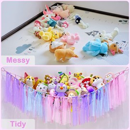 Red de Animales de Peluche O Hamaca con Luz LED Hamaca de Juguete para Colgar Animales de Peluche Organizador de Almacenamiento Decoración de Habitación con Borlas para recámara de los niños (rosa)