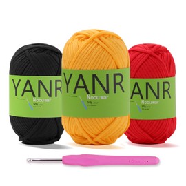 Crochet Yarn for Beginners -Cotton Chunky Yarn for Crocheting Knitting Beginners with Easy-to-See Stitches Beginner Yarn for Crocheting and Knitting Crochet Kits(3x50g)-Black Yarn+Yellow+Red Yarn