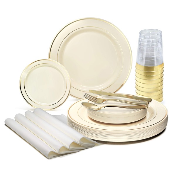 " OCCASIONS " 175pcs set (25 Guests)-Heavyweight Wedding Party Disposable Plastic Plate Set -25 x 10.5'' + 25 x 6.25'' + Gold Silverware + Cups + Napkins (Ivory & Gold Rim)