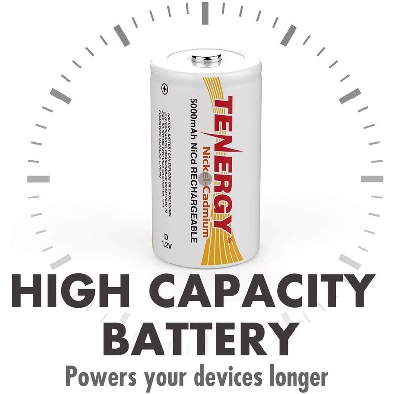 Tenergy D Size 5000mAh NiCd Button Top Rechargeable Batteries, 8