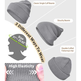 Dumrotite Cotton Beanie Hat for Women Men, Double Warm Knit Winter Hats, Fisherman Slouchy Ski Cuffed Beanies Skull Cap Light Grey