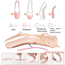 Nexete Ballet Dance Pointe Shoes, Dance Slippers Ballet Dance Flats with Toe Pads & Ribbons, for Girls Women Black Pink Red (6.5, Pink)