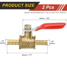 sourcing map 2Pcs Brass Water Mini Ball Valve Shut Off Switch, 1/4" Hose Barb x 1/4" Hose Barb, 180 Degree Operation Handle, Brass Valve