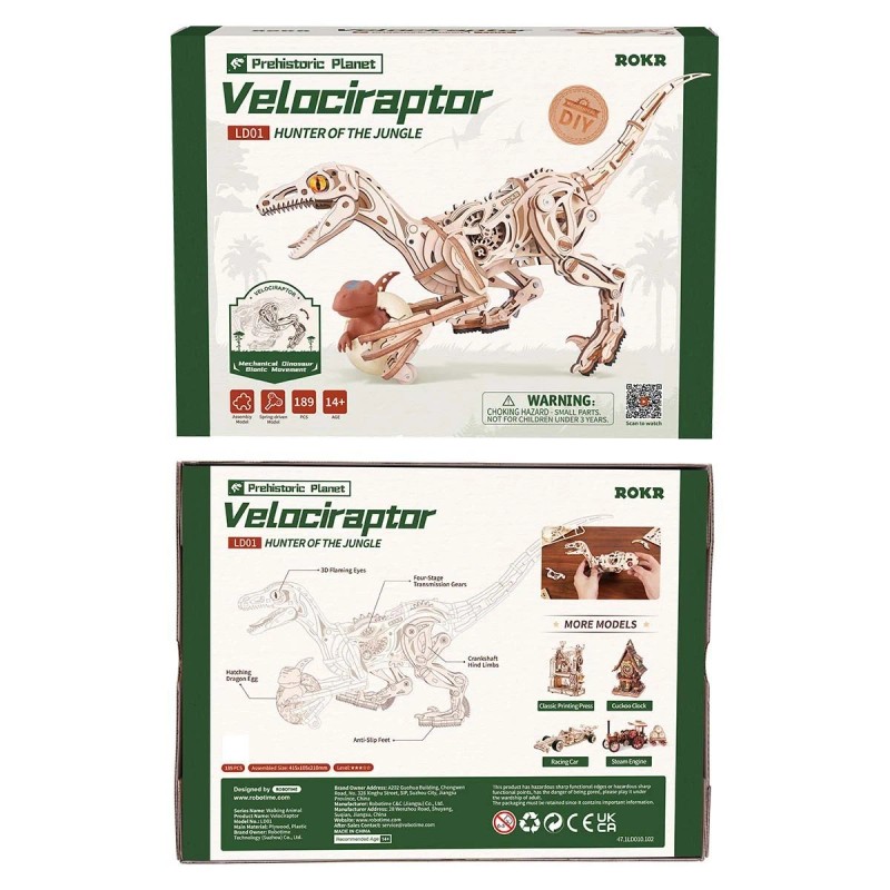 ROKR 3D Wooden Puzzle Velociraptor Dinosaur Toy DIY Mechanical Model