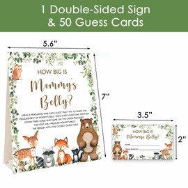 Yuzioey Woodland How Big is Mommy's Belly? Forest Animals Baby Shower Gender Neutral Game Includes 5.6" x 7" Standing Sign and 50 Guessing Cards, 3 Rolls 60" Measuring Tape